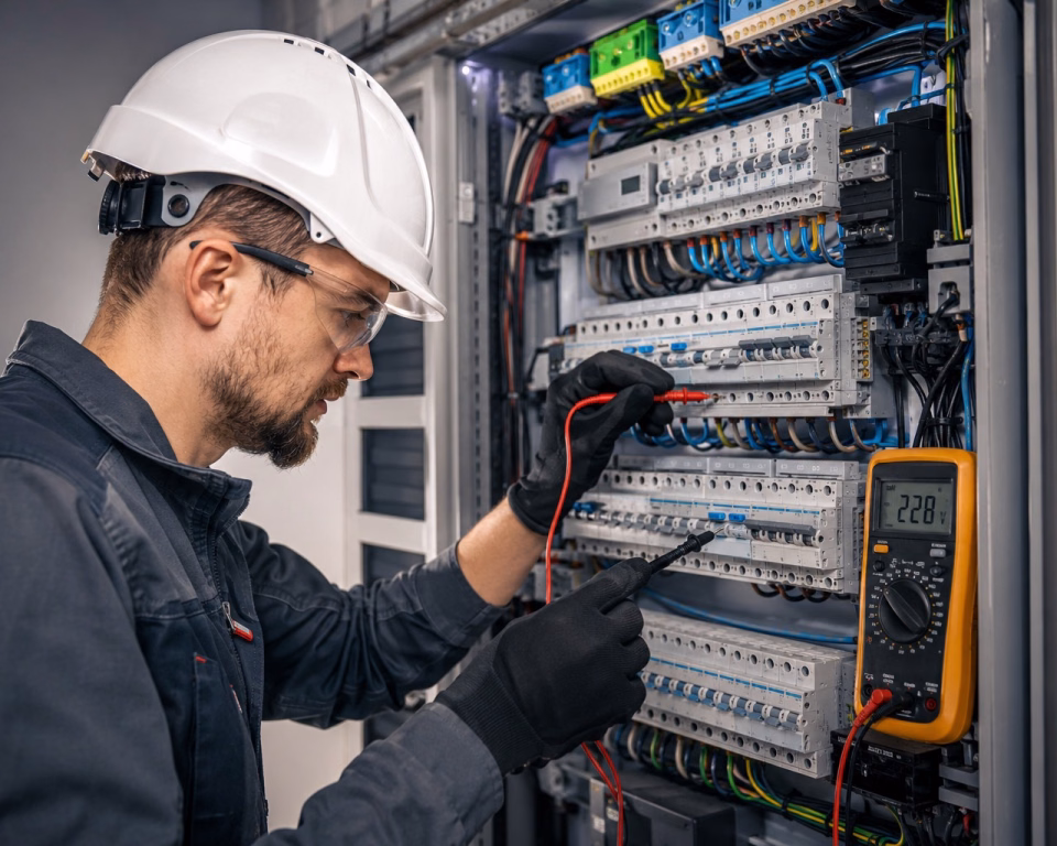 Elektriker prüft mit Multimeter die Spannung an einer Verteilung