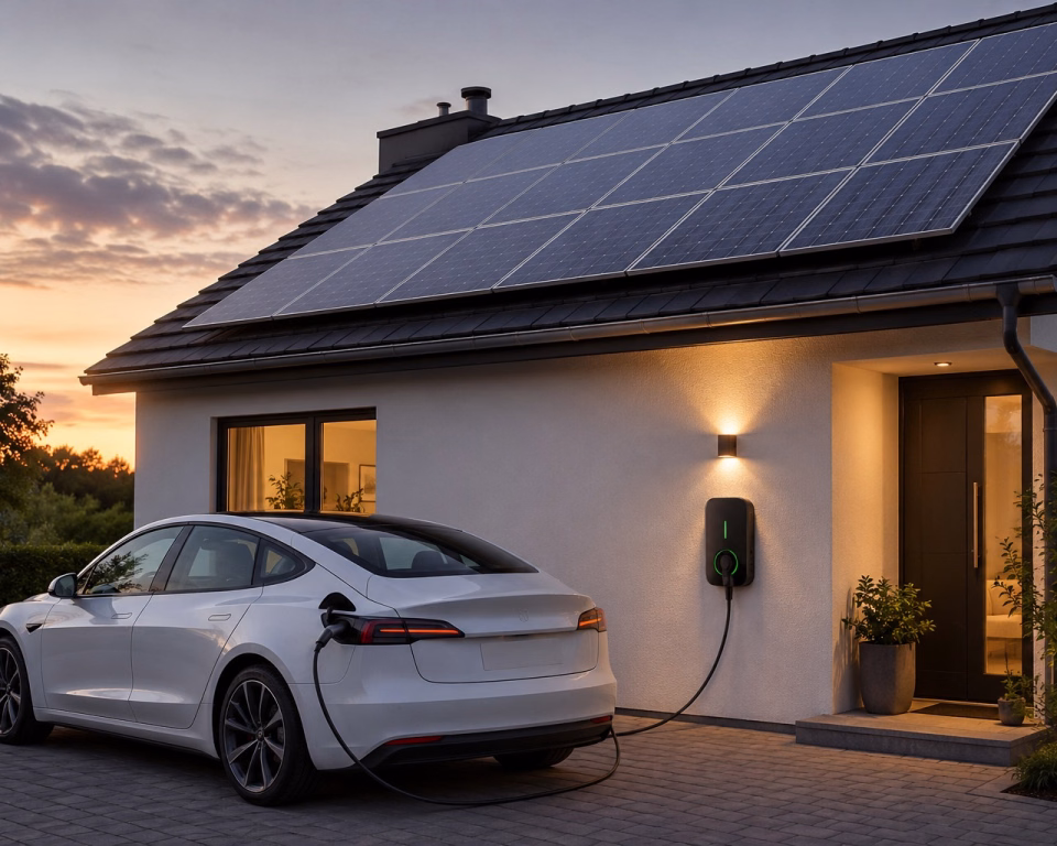 E-Auto lädt an einer Wallbox am Haus mit Photovoltaik auf dem Dach